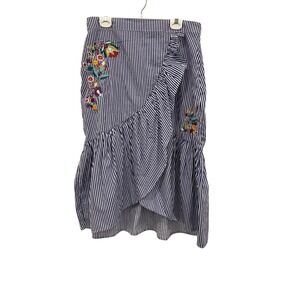 Springfield Blue White Embroidered Asymmetrical Ruffle Midi Skirt Cotton Size 12